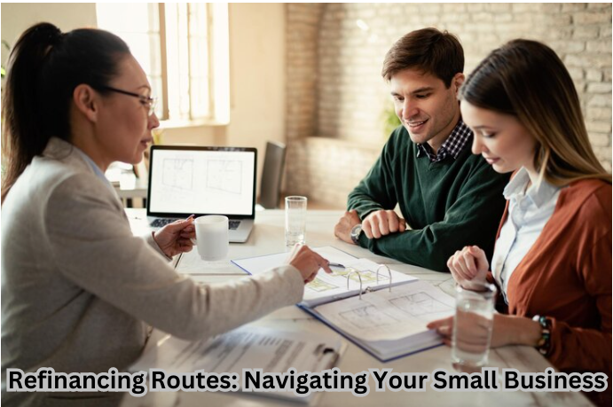 Image depicting a roadmap with financial icons, illustrating Refinancing Routes for Small Businesses